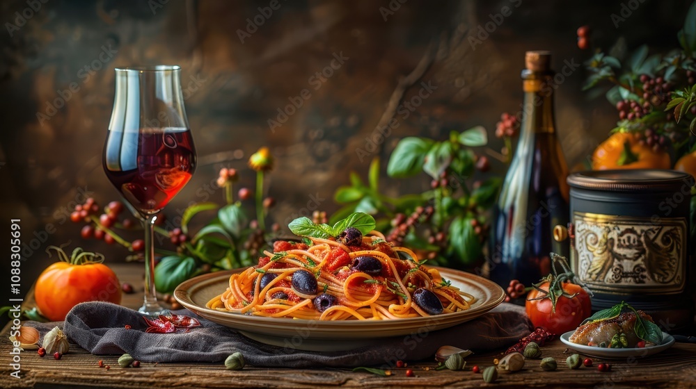 A beautifully arranged plate of spaghetti with fresh tomatoes, olives, and basil, accompanied by a glass of red wine, set against a rustic background. A beautifully arranged plate of spaghetti with fresh tomatoes, olives, and basil, accompanied by a glass of red wine, set against a rustic background.