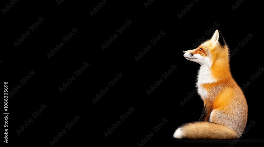 Obraz premium red fox sitting in the snow Over black Studio Background. Free Space.