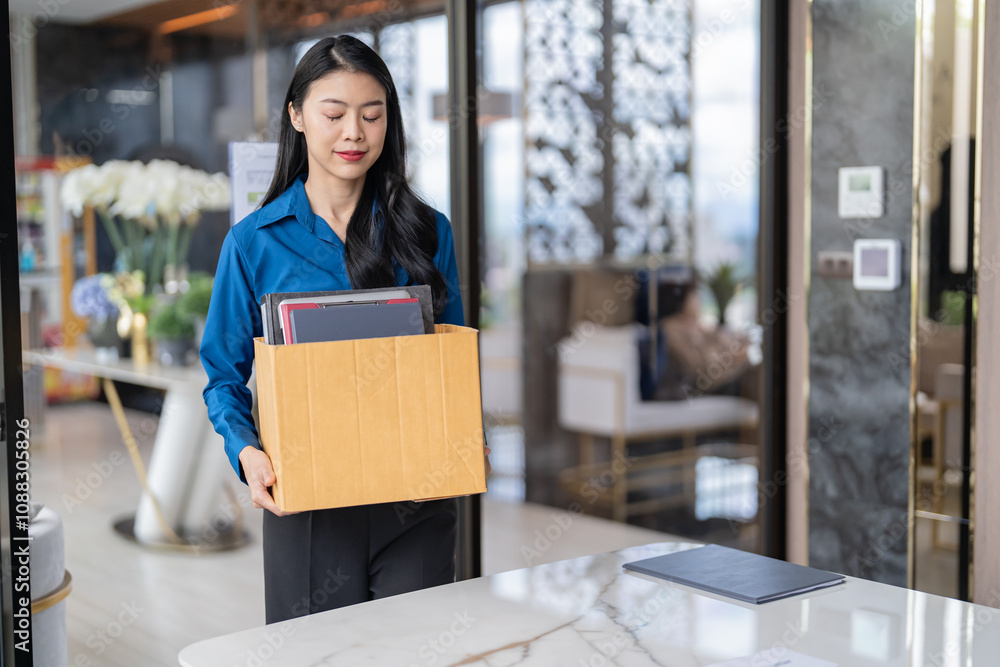Quit Job asian business woman sending resignation letter and packing Stuff Resign Depress or carrying business cardboard box in office. Change of job or fired from company Quit Job asian business woman sending resignation letter and packing Stuff Resign Depress or carrying business cardboard box in office. Change of job or fired from company