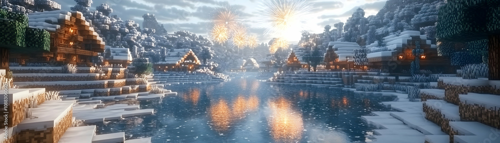 Obraz premium Winter village by a frozen lake with fireworks.