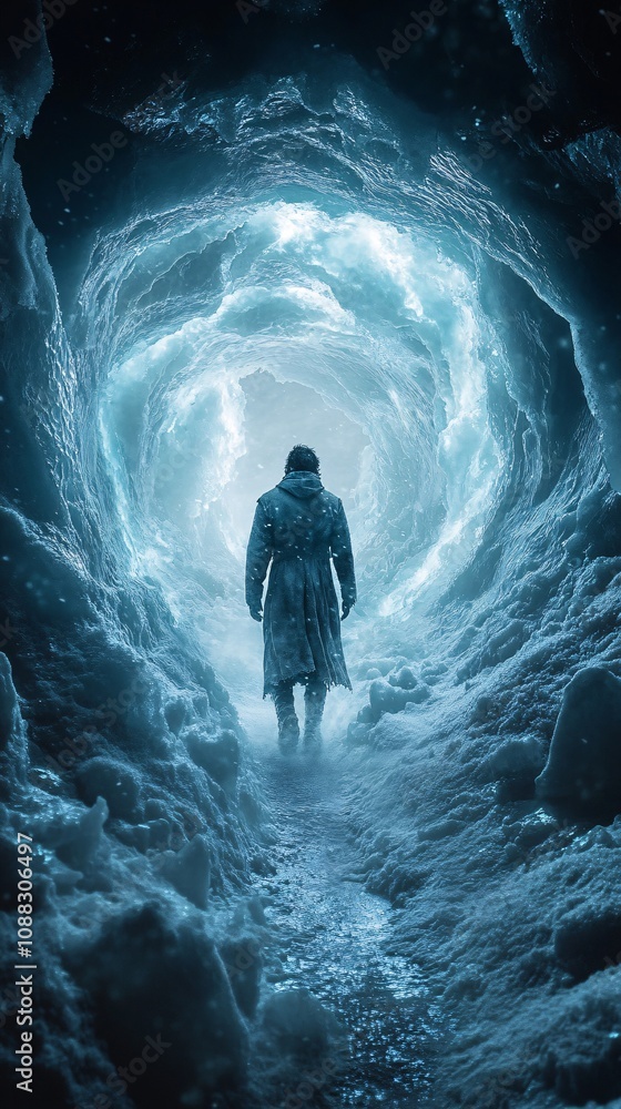 Fototapeta premium a man falling through an ice tunnel. Ice tunnel background, winter theme.