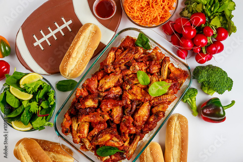 Vibrant spread of chicken wings, fresh vegetables, and side dishes is laid out on table. The festive arrangement includes football themed decor, perfect for gathering.