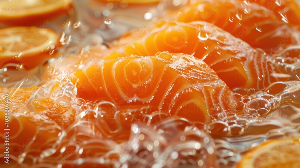 Fresh, vibrant salmon fillets submerged in clear water, surrounded by orange slices, creating an appetizing and refreshing culinary scene. Fresh, vibrant salmon fillets submerged in clear water, surrounded by orange slices, creating an appetizing and refreshing culinary scene.