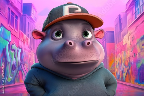 A playful, cartoonish hippo character wearing a cap and hoodie, set against a colorful graffiti backdrop. photo