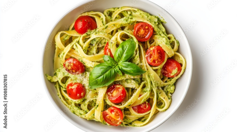 A bowl of creamy avocado pasta with cherry tomatoes, garlic, and basil A bowl of creamy avocado pasta with cherry tomatoes, garlic, and basil