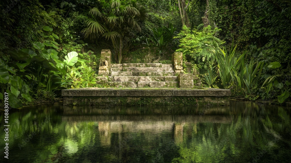 Obraz premium Enchanting Mayan Cenote with Ancient Stone Altars in Serene Jungle Setting - Ultra-Detailed Photo of Sacred Natural Beauty\
