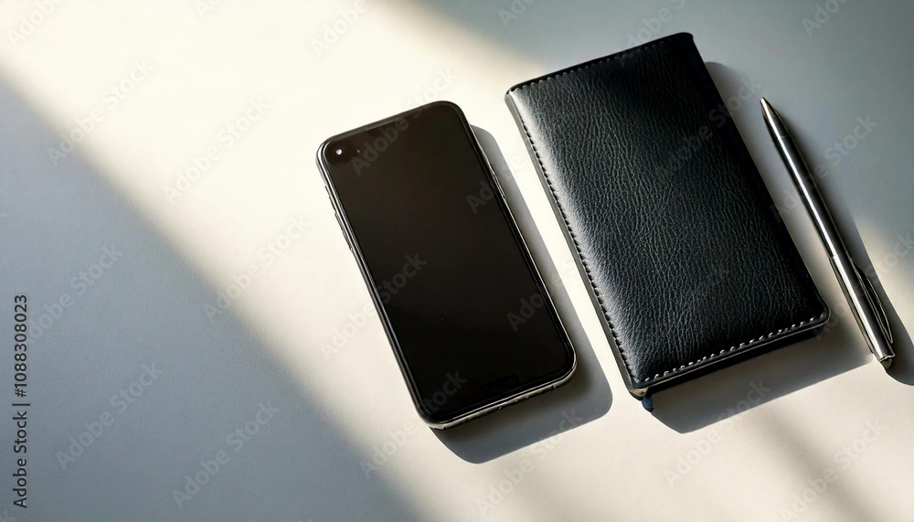 スマートフォン 財布 ペン デスク 光 影 黒 革 金属 シンプル ミニマル オフィス ビジネス 日常 整理整頓 モダン 高級感 静けさ 集中 効率 スマートフォン 財布 ペン デスク 光 影 黒 革 金属 シンプル ミニマル オフィス ビジネス 日常 整理整頓 モダン 高級感 静けさ 集中 効率
