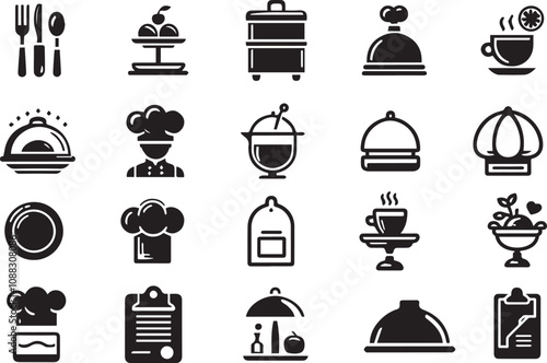 Catering icon set. Containing fork, spoon, knife, plate, cloche, tray, chef hat, beverage, food, dining table, and waiter. Cutlery or tableware in restaurant. Vector illustration