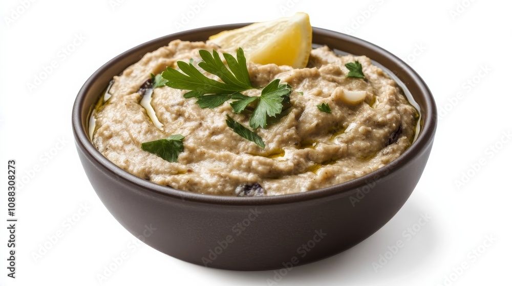 A bowl of creamy baba ganoush with roasted eggplant, tahini, garlic A bowl of creamy baba ganoush with roasted eggplant, tahini, garlic