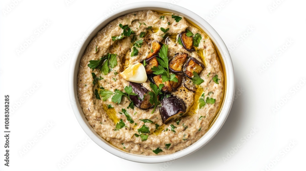 A bowl of creamy baba ganoush with roasted eggplant, tahini, garlic A bowl of creamy baba ganoush with roasted eggplant, tahini, garlic