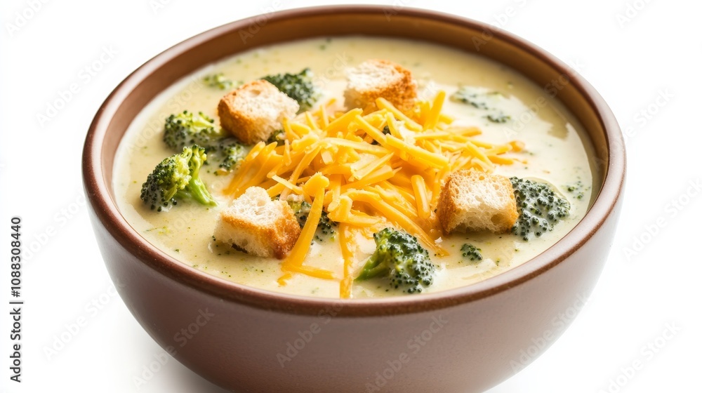 A bowl of creamy broccoli cheddar soup garnished with shredded cheddar cheese and croutons, Its rich aroma and velvety texture enticingly displayed A bowl of creamy broccoli cheddar soup garnished with shredded cheddar cheese and croutons, Its rich aroma and velvety texture enticingly displayed
