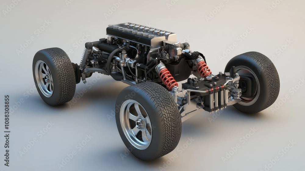 3D model of a car's engine and how power gets to the wheels. 3D model of a car's engine and how power gets to the wheels.