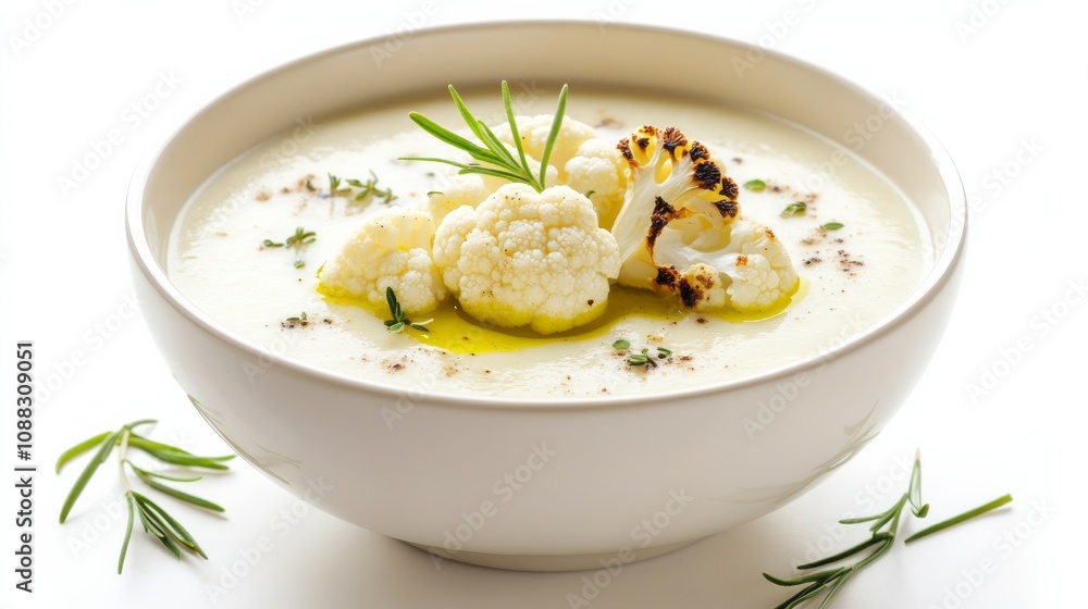A bowl of creamy cauliflower soup garnished with roasted cauliflower florets and a drizzle of olive oil, Its rich aroma and velvety texture enticingly displayed A bowl of creamy cauliflower soup garnished with roasted cauliflower florets and a drizzle of olive oil, Its rich aroma and velvety texture enticingly displayed