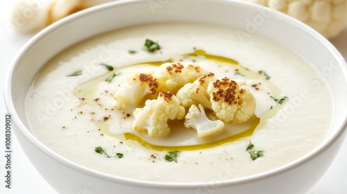 A bowl of creamy cauliflower soup garnished with roasted cauliflower florets and a drizzle of olive oil, Its rich aroma and velvety texture enticingly displayed