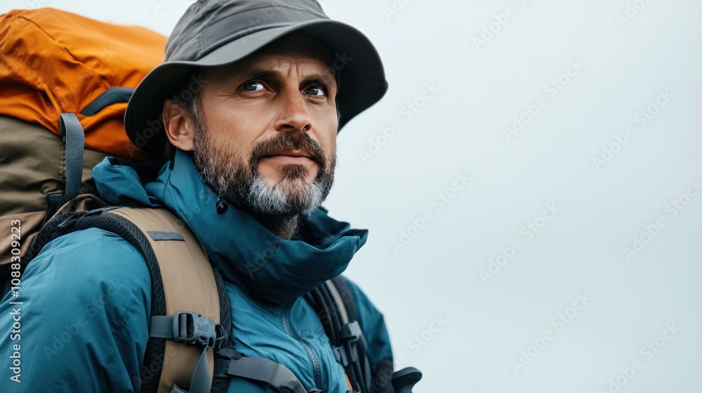 Obraz premium Hiker with trekking poles, wearing a hat and backpack, looking determined, ready for exploration, white background