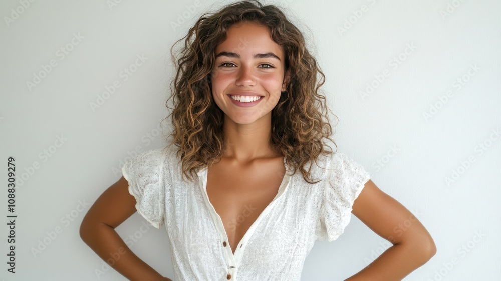 Cheerful young woman with curly hair, big smile, hands on hips, looking directly at the camera, white background Cheerful young woman with curly hair, big smile, hands on hips, looking directly at the camera, white background
