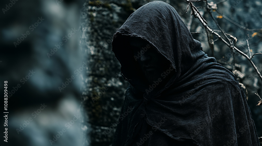 Mysterious man in a black robe, with a hood, in the forest. Mystery illustration Mysterious man in a black robe, with a hood, in the forest. Mystery illustration