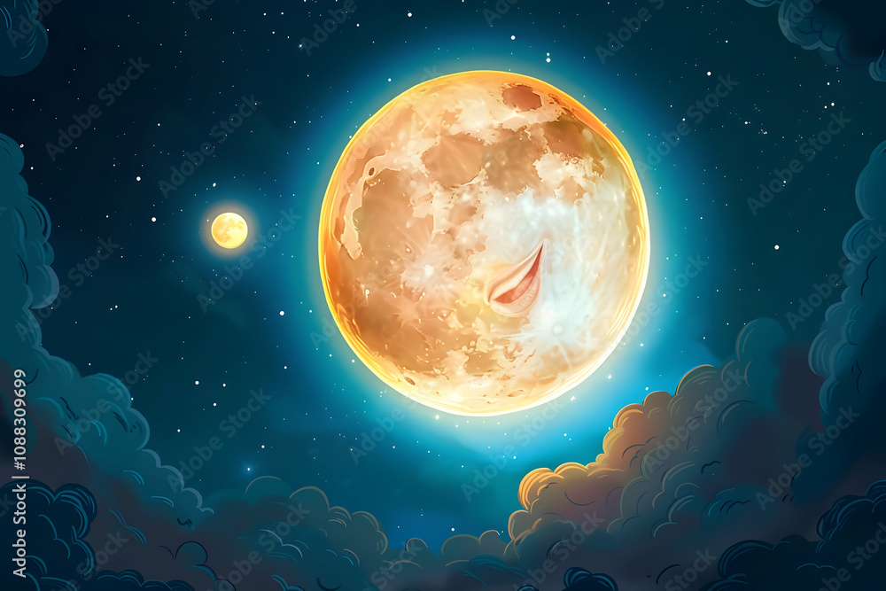 Playful cartoon moon with a cheerful face, glowing brightly against a night sky. Playful cartoon moon with a cheerful face, glowing brightly against a night sky.