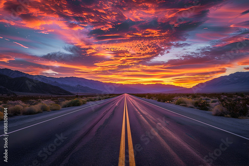 Deserted road stretching into a sunset with vibrant oranges and purples framed by mountains.