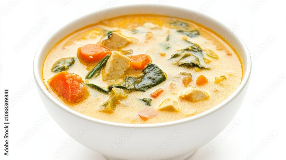 A bowl of creamy coconut curry soup with vegetables and tofu, Each spoonful filled with aromatic spices and velvety coconut milk A bowl of creamy coconut curry soup with vegetables and tofu, Each spoonful filled with aromatic spices and velvety coconut milk