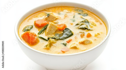 A bowl of creamy coconut curry soup with vegetables and tofu, Each spoonful filled with aromatic spices and velvety coconut milk