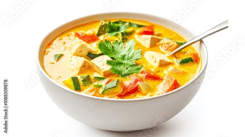 A bowl of creamy coconut curry soup with vegetables and tofu, Each spoonful filled with aromatic spices and velvety coconut milk