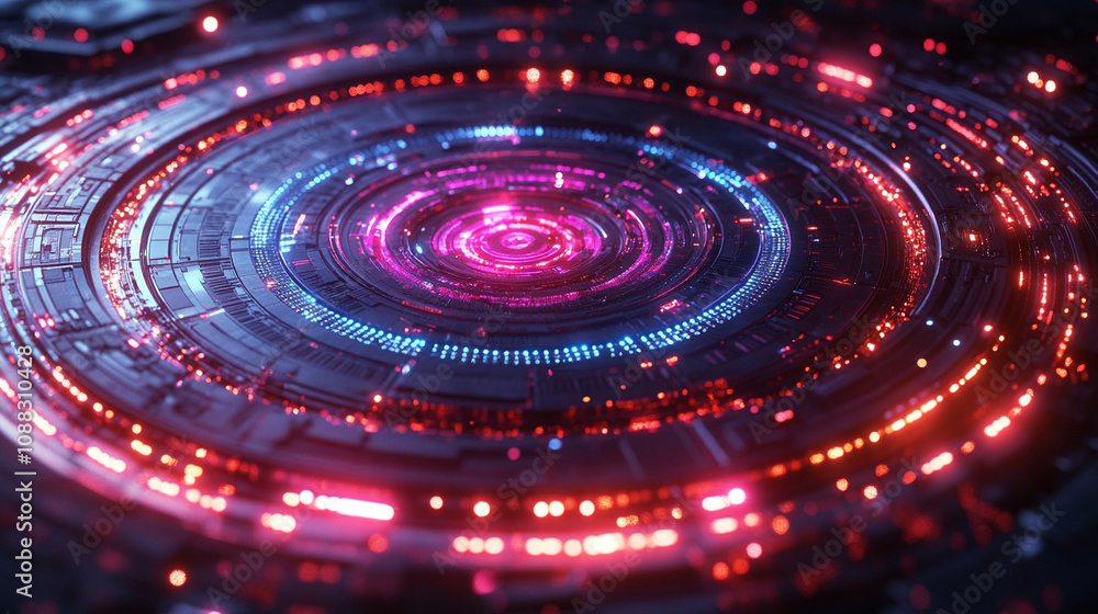 Obraz premium circular circuit board with intricate swirling patterns, representing the interconnectedness of technology, digital networks, and the flow of data in a modern digital landscape