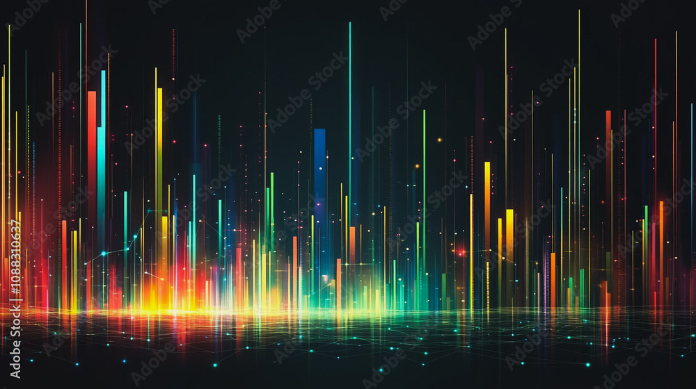 Abstract black background with 3D Colorful charts and graphs with statistics to innovative analyze business potential and forecast future development of companies growth. Abstract black background with 3D Colorful charts and graphs with statistics to innovative analyze business potential and forecast future development of companies growth.