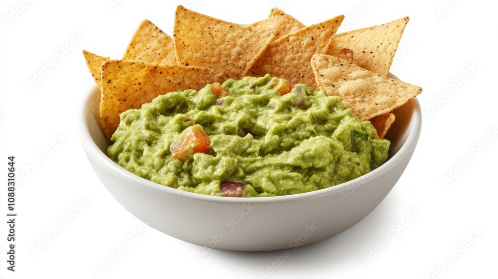 A bowl of creamy guacamole served with crispy tortilla chips, Its vibrant green color and smooth texture invitingly displayed A bowl of creamy guacamole served with crispy tortilla chips, Its vibrant green color and smooth texture invitingly displayed