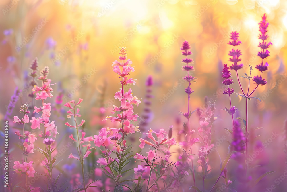 Obraz premium Colorful wildflower meadow at sunset, with soft pastel tones and a serene natural scene.