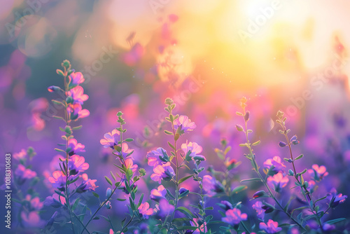 Colorful wildflower meadow at sunset, with soft pastel tones and a serene natural scene.