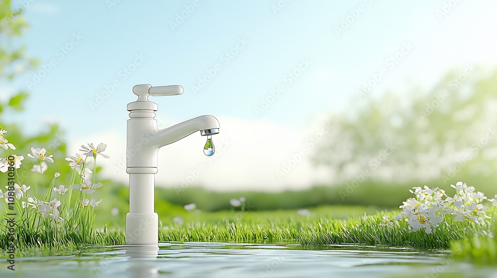 Minimalist Digital of a Faucet with a Single Water Droplet Highlighting the Importance of Water Conservation and Environmental Sustainability in Daily Life Minimalist Digital of a Faucet with a Single Water Droplet Highlighting the Importance of Water Conservation and Environmental Sustainability in Daily Life