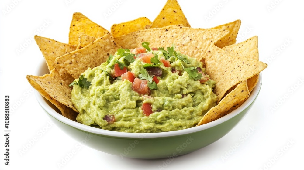A bowl of creamy guacamole served with crispy tortilla chips, Its vibrant green color and smooth texture invitingly displayed A bowl of creamy guacamole served with crispy tortilla chips, Its vibrant green color and smooth texture invitingly displayed