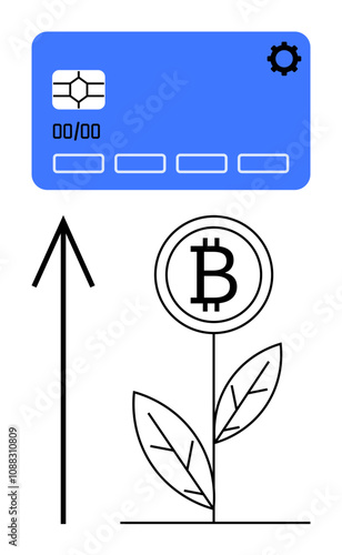 Blue digital payment card, upward black arrow, and Bitcoin growth plant with leaves. Ideal for finance, cryptocurrency, technology, growth, investment innovation digital payments themes. Line