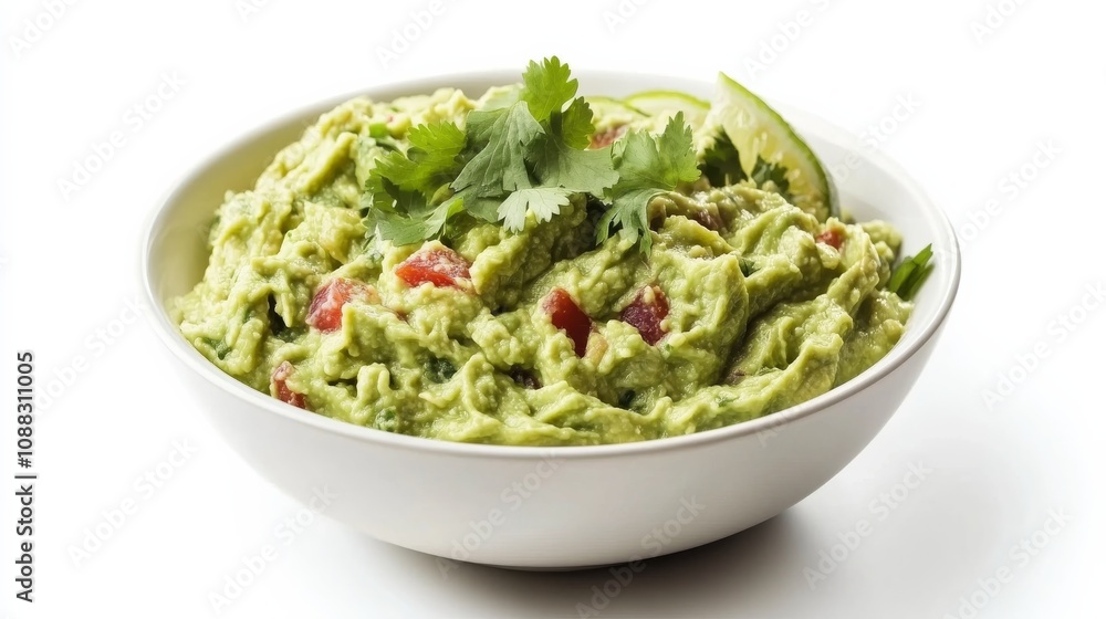 A bowl of creamy guacamole with chunks of ripe avocado, Its rich, flavorful taste complemented by zesty lime and cilantro A bowl of creamy guacamole with chunks of ripe avocado, Its rich, flavorful taste complemented by zesty lime and cilantro