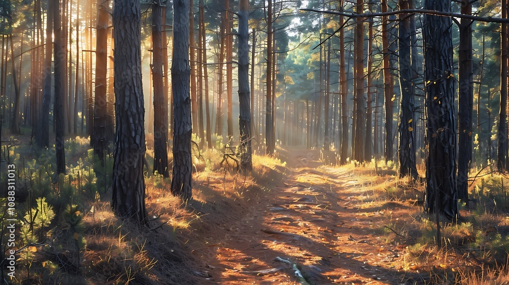 A peaceful forest trail covered in soft pine needles, with sunlight filtering through the trees. A peaceful forest trail covered in soft pine needles, with sunlight filtering through the trees.