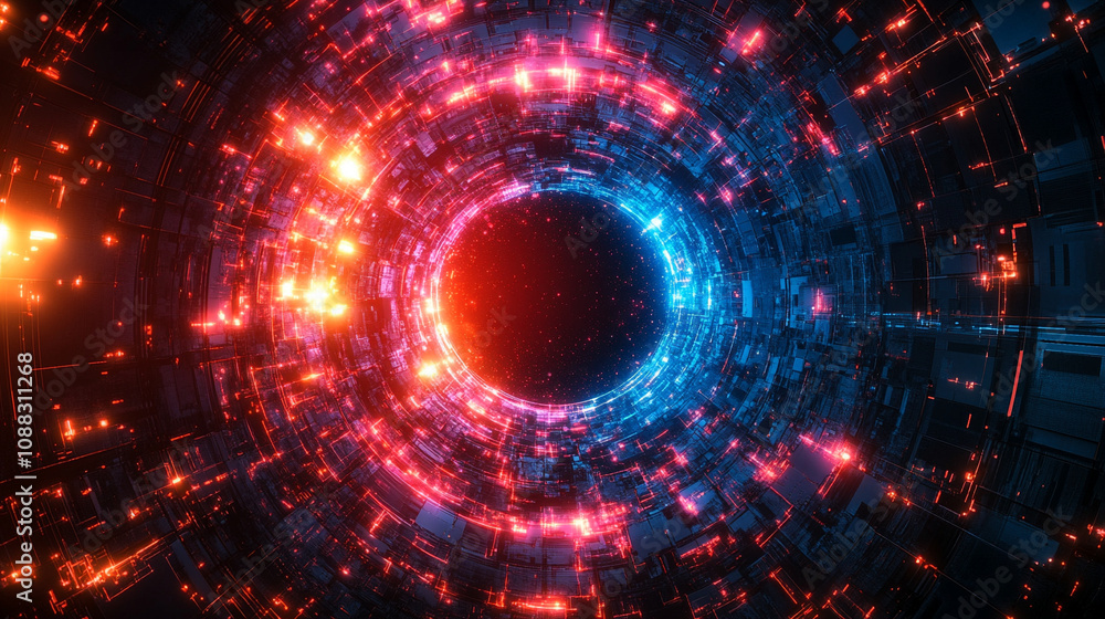 Obraz premium circular circuit board with intricate swirling patterns, representing the interconnectedness of technology, digital networks, and the flow of data in a modern digital landscape