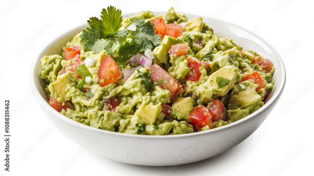 A bowl of creamy guacamole with mashed avocado, diced tomato, onion A bowl of creamy guacamole with mashed avocado, diced tomato, onion