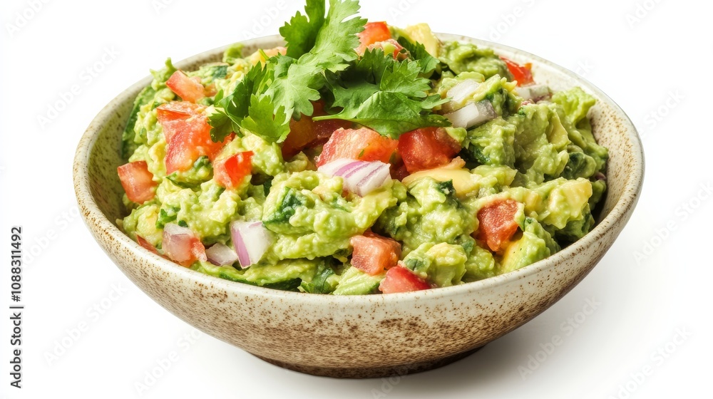 A bowl of creamy guacamole with mashed avocado, diced tomato, onion A bowl of creamy guacamole with mashed avocado, diced tomato, onion