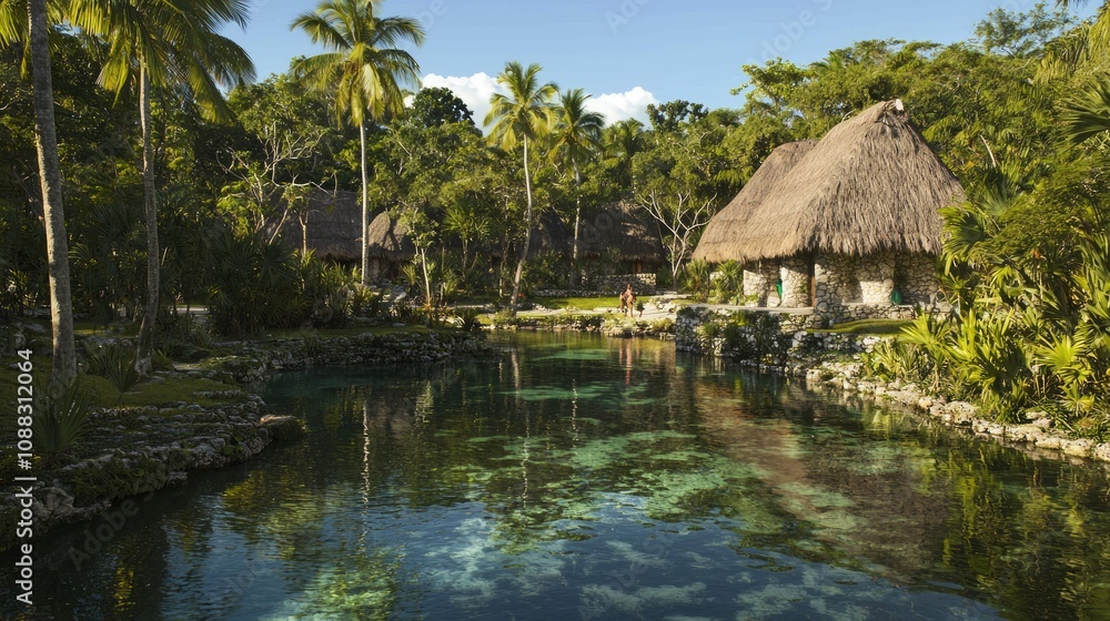 Peaceful Mayan Village with Thatched-Roof Huts, Children Playing, and Ancient Ruins in the Distance Peaceful Mayan Village with Thatched-Roof Huts, Children Playing, and Ancient Ruins in the Distance