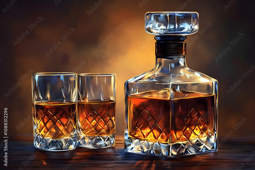 Amber liquor decanter and glasses on a wooden table. Amber liquor decanter and glasses on a wooden table.