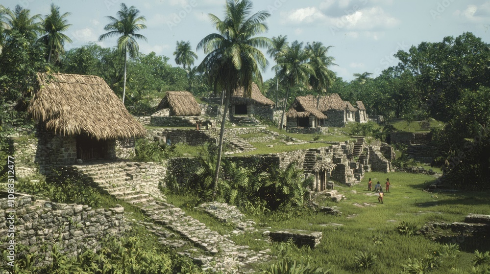 Serene Mayan Village: Ancient Ruins, Thatched-Hut Landscape, Children Playing by Spring | Ultra-Detailed Cultural Scene Serene Mayan Village: Ancient Ruins, Thatched-Hut Landscape, Children Playing by Spring | Ultra-Detailed Cultural Scene