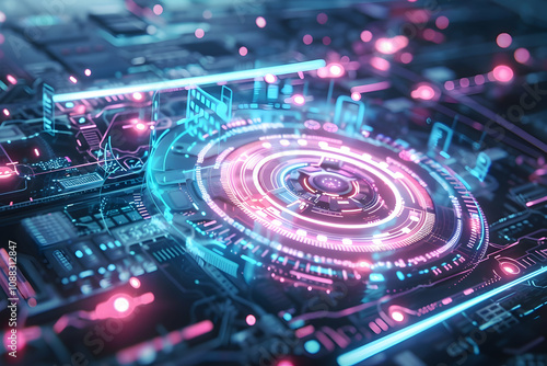 Futuristic game portal UI with hologram lights and sleek neon visual elements.