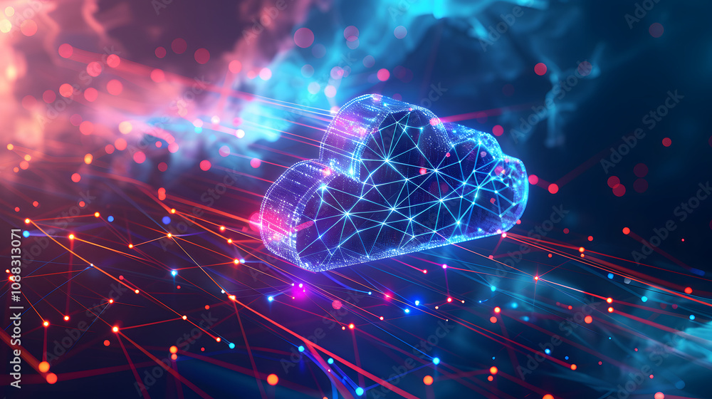 Cloud and edge computing technology data transfer concept. A large cloud icon is in the center. abstract code Interconnected polygons and multicolored dots on a dark blue background Cloud and edge computing technology data transfer concept. A large cloud icon is in the center. abstract code Interconnected polygons and multicolored dots on a dark blue background