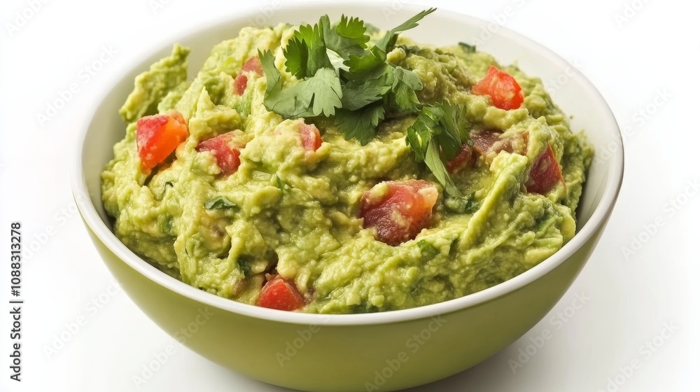 A bowl of creamy guacamole with ripe avocados, lime juice, cilantro A bowl of creamy guacamole with ripe avocados, lime juice, cilantro
