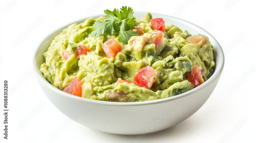 A bowl of creamy guacamole with ripe avocados, lime juice, cilantro A bowl of creamy guacamole with ripe avocados, lime juice, cilantro