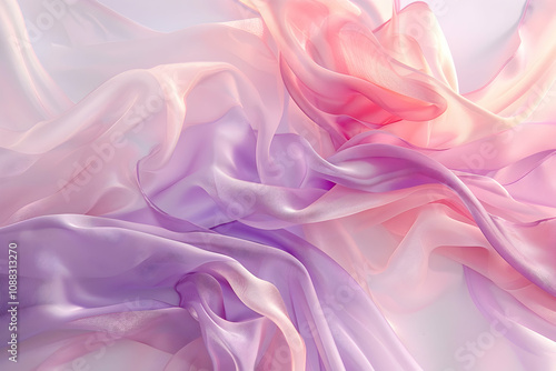 Pastel silk fabric gently swirls in a sunlit studio, suspended against a white backdrop.