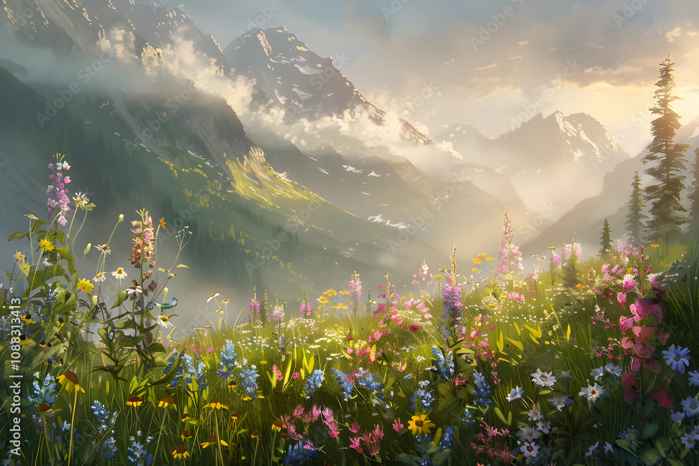 Naklejka premium Misty mountain meadow at dawn with wildflowers and soft sunlight filtering through clouds.