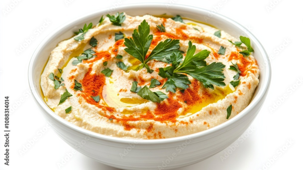 A bowl of creamy hummus garnished with olive oil, paprika, and parsley A bowl of creamy hummus garnished with olive oil, paprika, and parsley