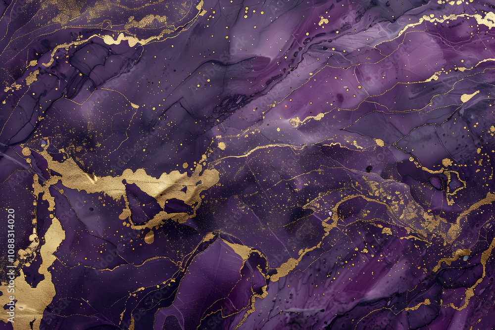 Fototapeta premium Purple marble with gold texture, featuring luxurious marbling and natural stone lines.